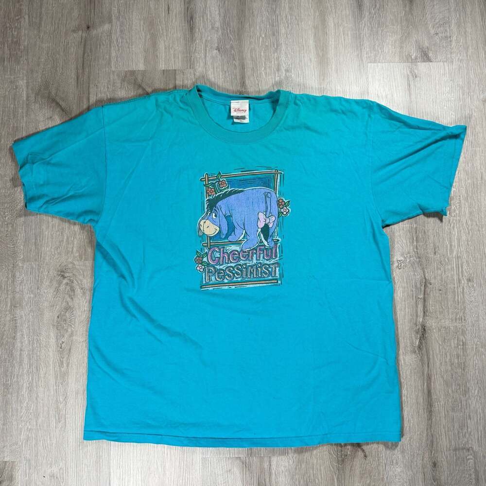 Mens Vintage Disney Store Eeyore 'Cheerful Pessimist' Graphic Teal T-Shirt XL